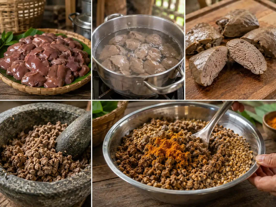วิธีทำตับบดสำหรับไก่โดยต้มตับให้สุกและคลุกอาหาร