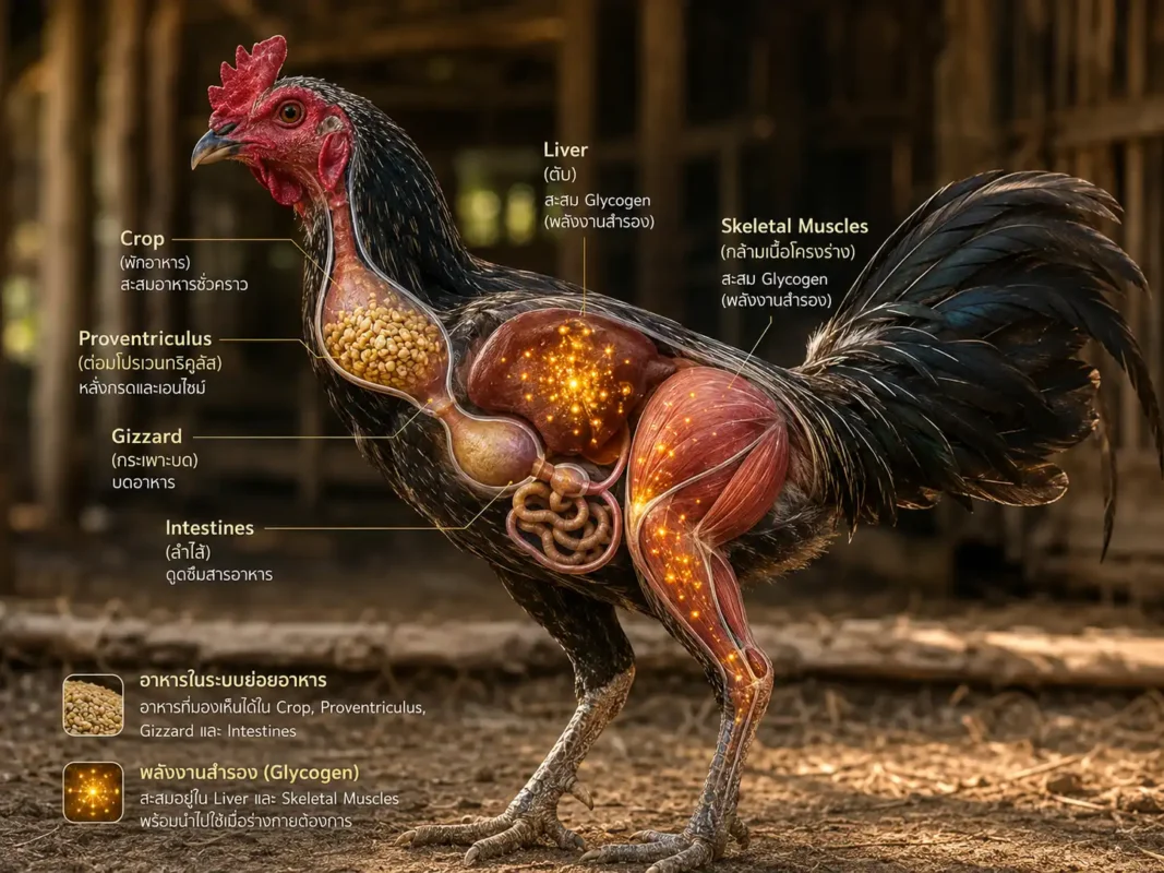 ระบบย่อยอาหารและพลังงานไกลโคเจนในไก่ชน