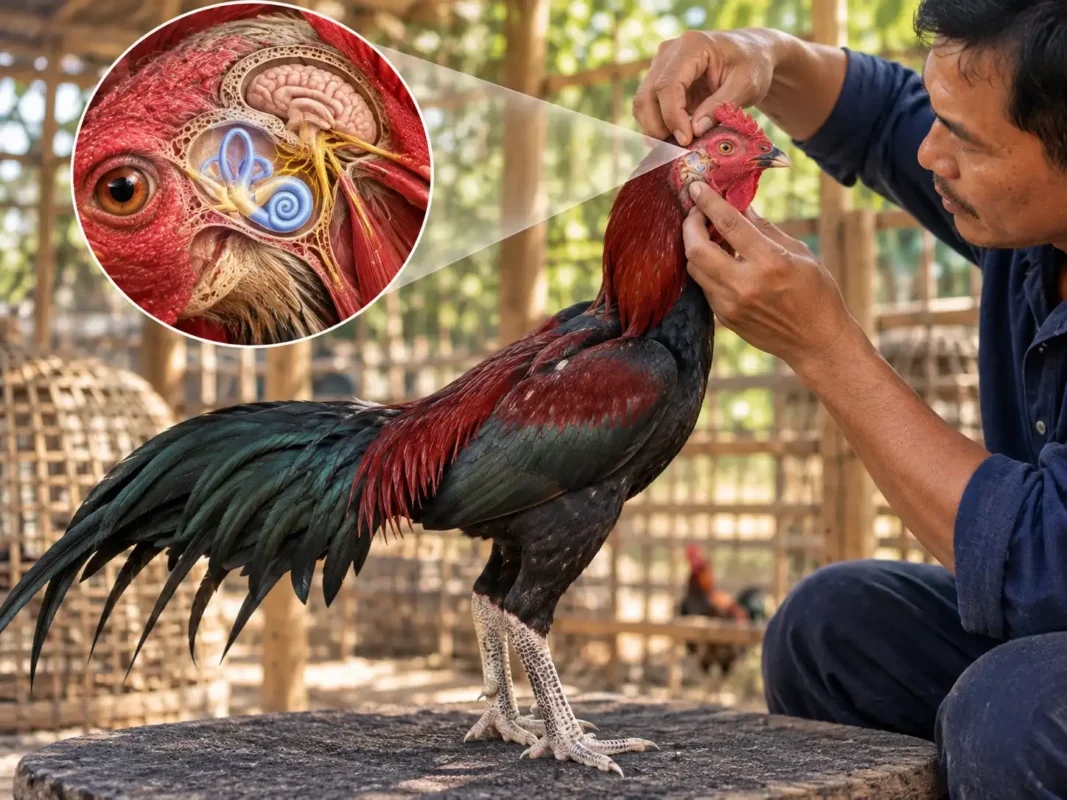 คนเลี้ยงไก่ตรวจบริเวณหูไก่พร้อมภาพระบบทรงตัวอธิบายด้วยวิทยาศาสตร์