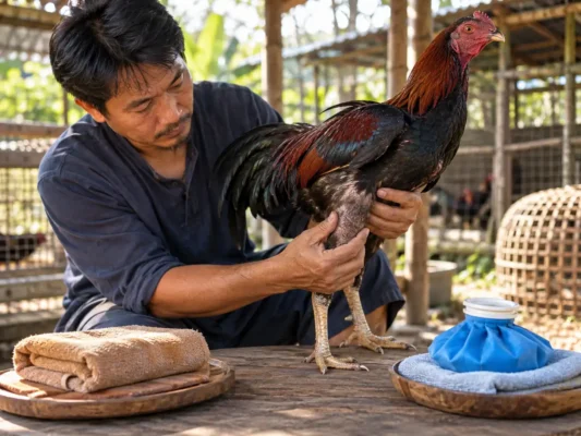 การประคบร้อนและประคบเย็นไก่ชนเพื่อช่วยฟื้นฟูกล้ามเนื้อ