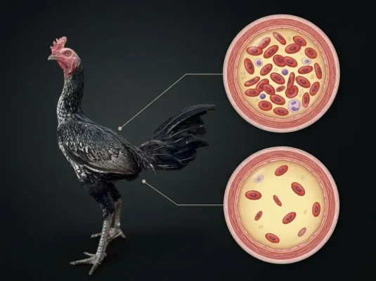 ภาพเปรียบเทียบเม็ดเลือดแดงของไก่ในภาวะปกติกับภาวะโลหิตจางที่อาจทำให้หงอนซีด