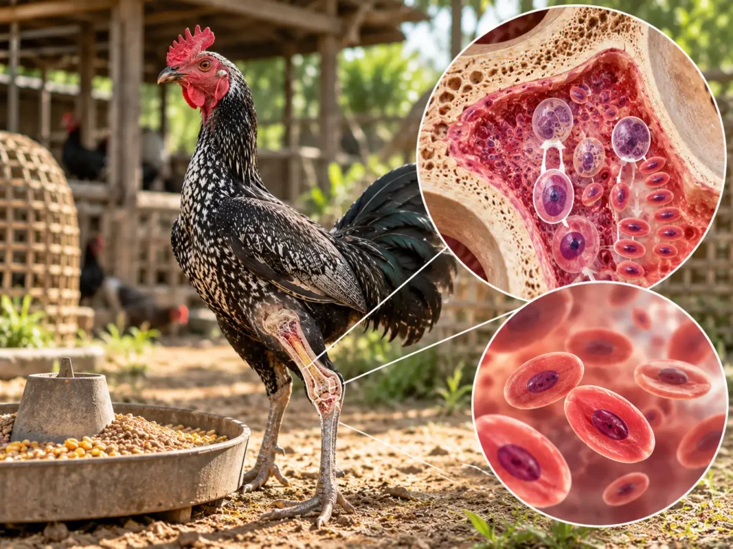 ภาพแสดงอาหารไก่ที่มีสารอาหารสมดุลและกระบวนการสร้างเม็ดเลือดแดงในร่างกายไก่