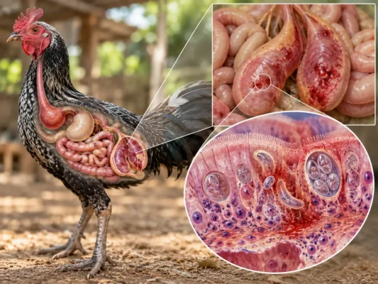 ภาพวิทยาศาสตร์แสดงเชื้อบิดทำลายเยื่อบุลำไส้ไก่และทำให้เกิดการอักเสบหรือเลือดออก