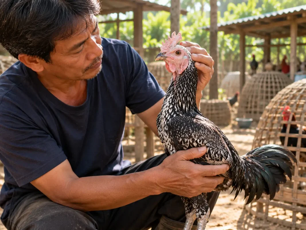 เจ้าของฟาร์มตรวจสีหงอนและเหนียงไก่ชนเพื่อสังเกตอาการหน้าซีดเบื้องต้น