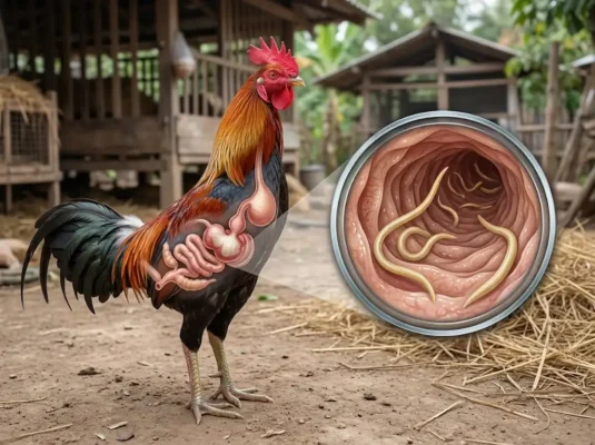 ภาพจำลองระบบทางเดินอาหารไก่และพยาธิในลำไส้ที่อาจส่งผลต่อสุขภาพไก่ชน