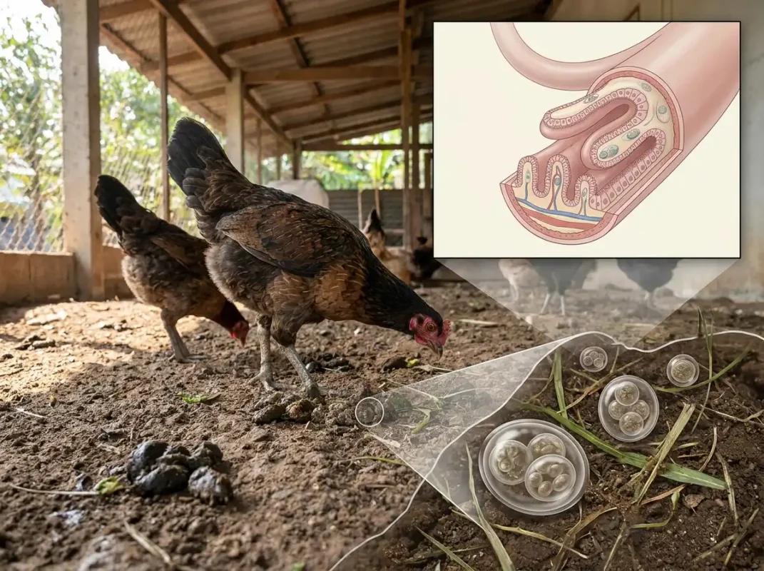 วงจรเชื้อ Eimeria ที่ทำให้เกิดโรคบิดในไก่ผ่านมูลและสิ่งแวดล้อม