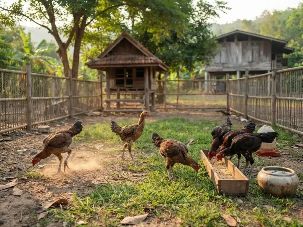 ลูกไก่ชนเติบโตในพื้นที่เลี้ยงที่เหมาะสม มีอาหาร น้ำสะอาด และพื้นที่สำหรับเคลื่อนไหวตามธรรมชาติ