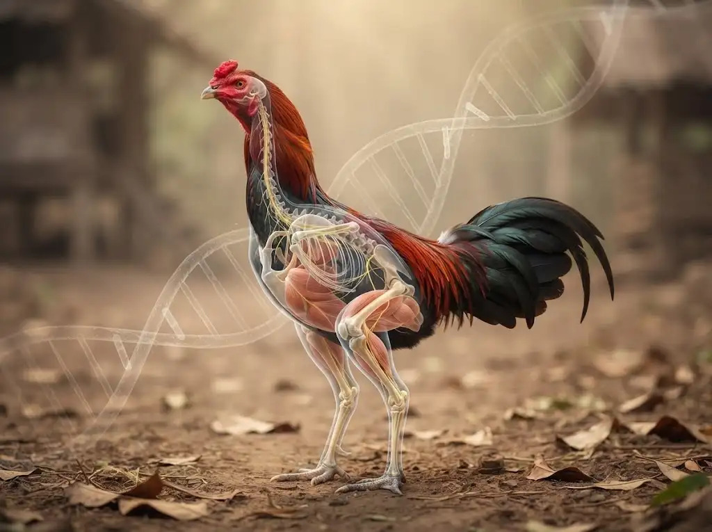 ภาพจำลองกายวิภาคไก่ชน แสดงโครงสร้างกระดูก กล้ามเนื้อ และระบบประสาทที่เกี่ยวข้องกับการเคลื่อนไหว
