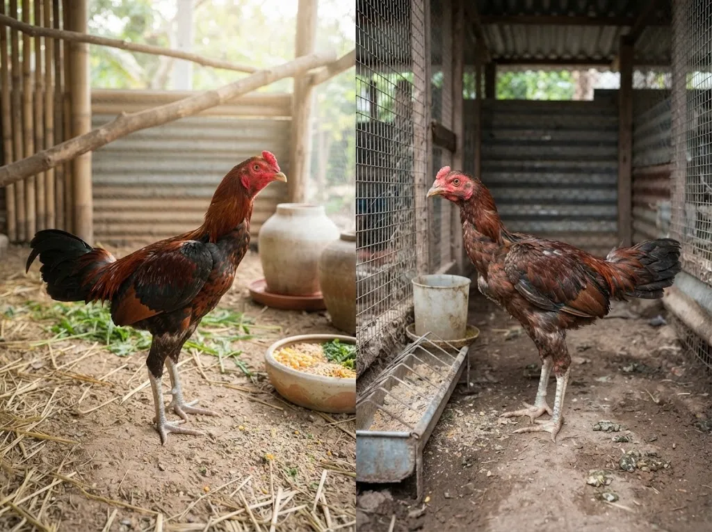 ภาพเปรียบเทียบสภาพการเลี้ยงไก่ชนวัยรุ่นที่เหมาะสมและไม่เหมาะสม ซึ่งอาจส่งผลต่อการเจริญเติบโต