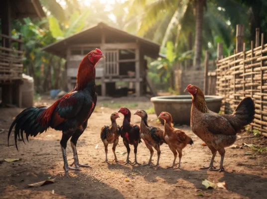 พ่อแม่ไก่ชนไทยกับลูกไก่หลายตัวที่มีรูปร่างและลักษณะแตกต่างกัน แสดงความหลากหลายทางพันธุกรรม