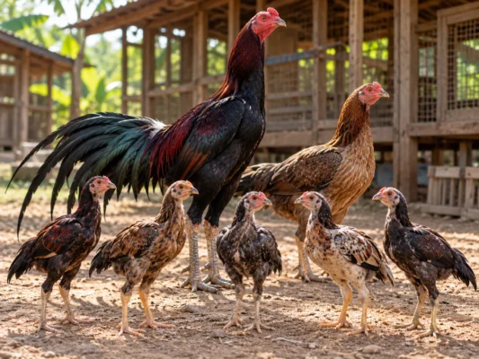 พ่อแม่พันธุ์ไก่ชนไทยกับลูกไก่ครอกเดียวกันที่มีสีขนและรูปร่างแตกต่างกันตามธรรมชาติ