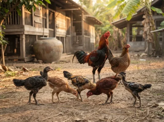 พ่อแม่พันธุ์ไก่ชนไทยกับลูกไก่ครอกเดียวกันที่มีสีขนและรูปร่างแตกต่างกันตามธรรมชาติ