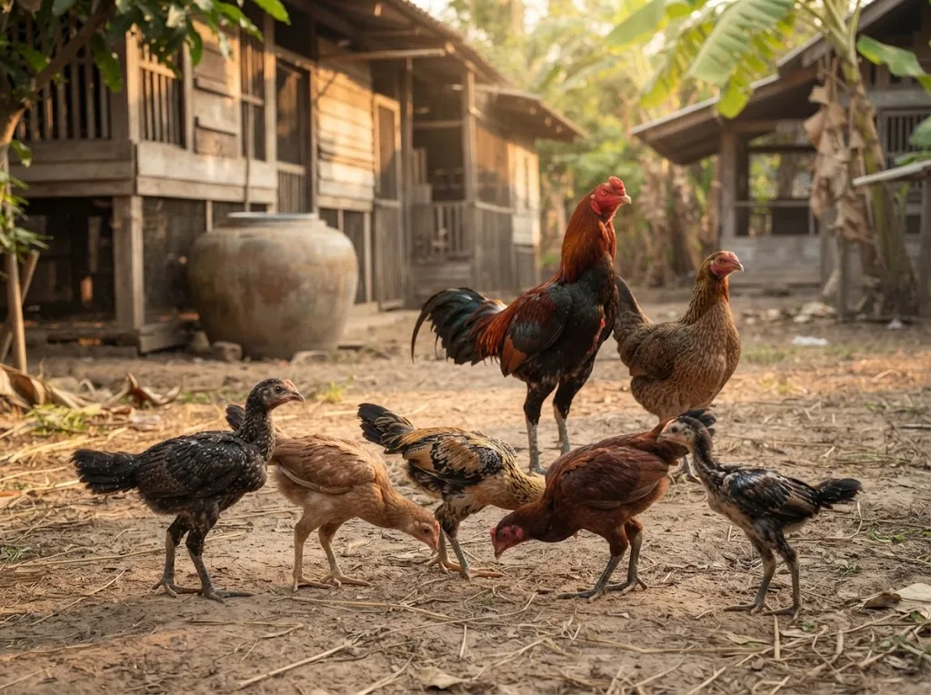 พ่อแม่พันธุ์ไก่ชนไทยกับลูกไก่ครอกเดียวกันที่มีสีขนและรูปร่างแตกต่างกันตามธรรมชาติ
