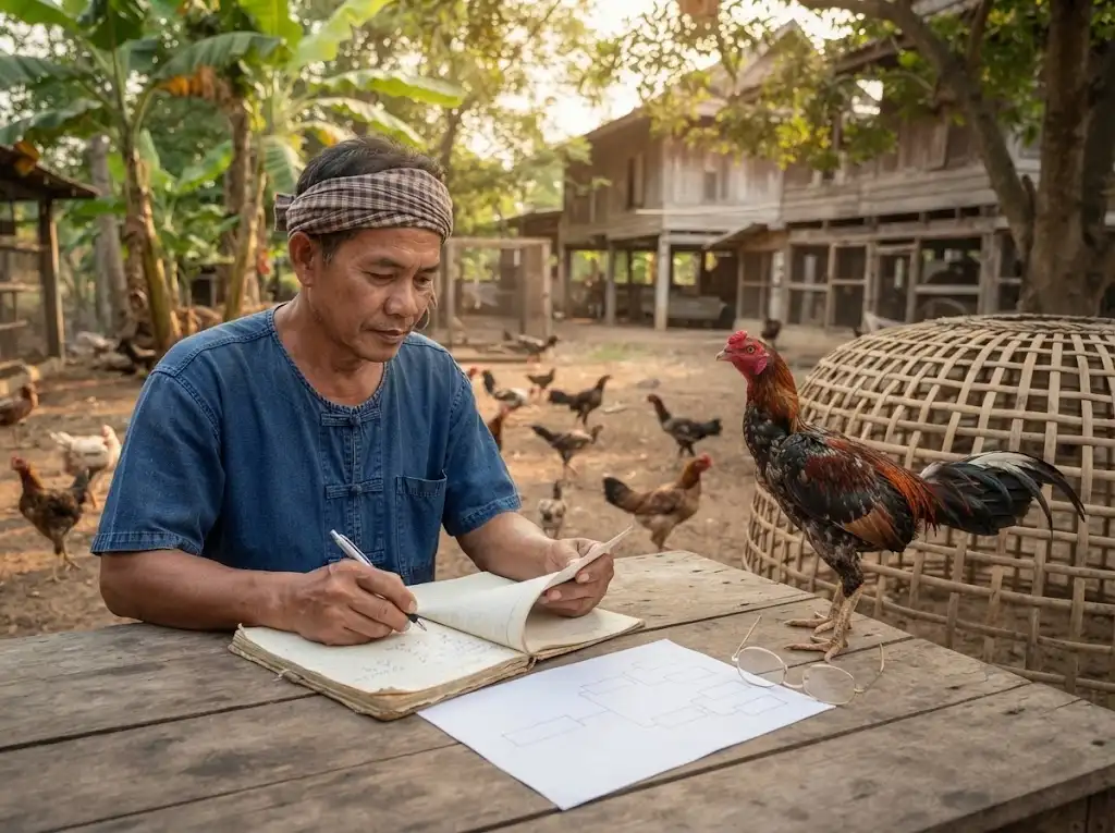ผู้เพาะพันธุ์ไก่ชนกำลังบันทึกข้อมูลพ่อแม่พันธุ์และลูกหลาน เพื่อศึกษาลักษณะทางพันธุกรรมหลายรุ่น