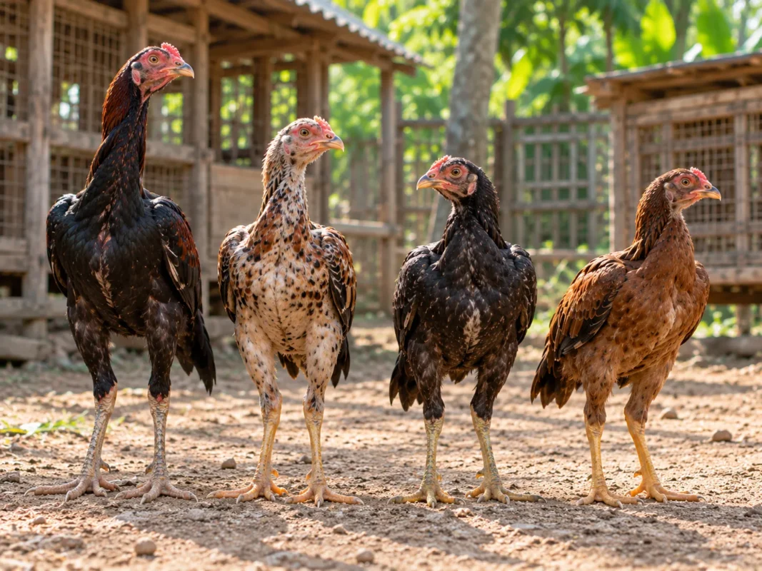 ลูกไก่ชนวัยรุ่นจากพ่อแม่คู่เดียวกัน มีความสูง สีขน และสัดส่วนร่างกายแตกต่างกัน