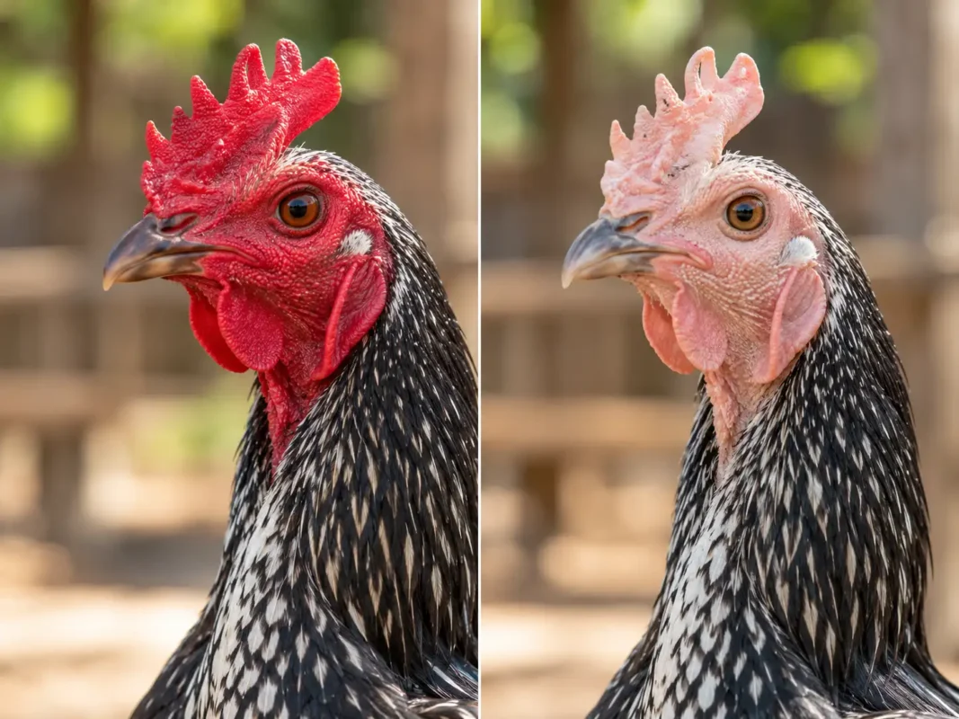 ภาพเปรียบเทียบหงอนและหน้าไก่ชนสีแดงปกติกับไก่ที่มีอาการหน้าซีด