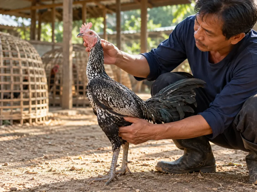 ไก่ชนไทยมีอาการหน้าซีดและหงอนซีด เจ้าของกำลังสังเกตสุขภาพภายในฟาร์ม