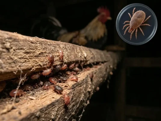 ไรแดงไก่ซ่อนตัวตามรอยแตกของคอนนอน เป็นปรสิตดูดเลือดที่อาจทำให้ไก่หน้าซีด